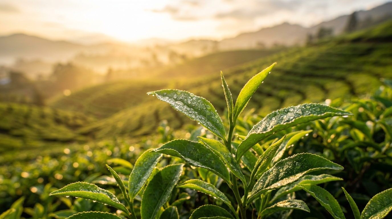 Agricultural Tea Leaves Dew at Sunrise